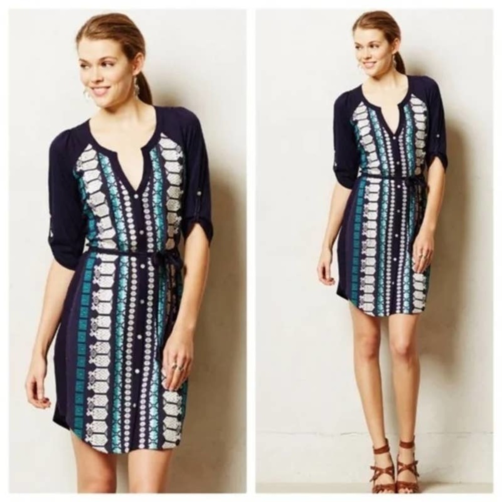Anthropologie Tiny Nadia Shift Dress S Embroidered Split Neck Blue Green